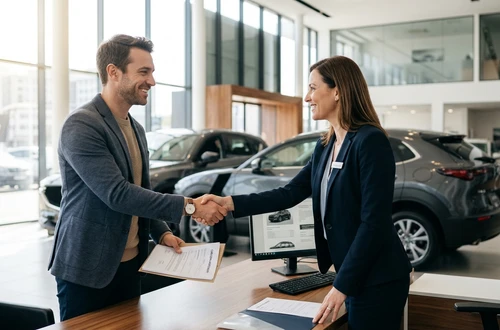 DriveWise lending specialist reviewing a car loan application with a client in a bright modern office